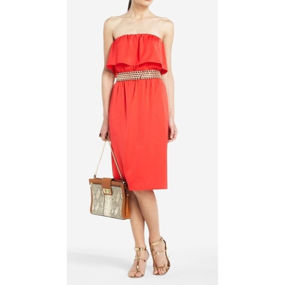 BCBGMaxazria XS Malia Strapless Dress in Red Berry Elastic Waist Ruffle NWT - Picture 2 of 15
